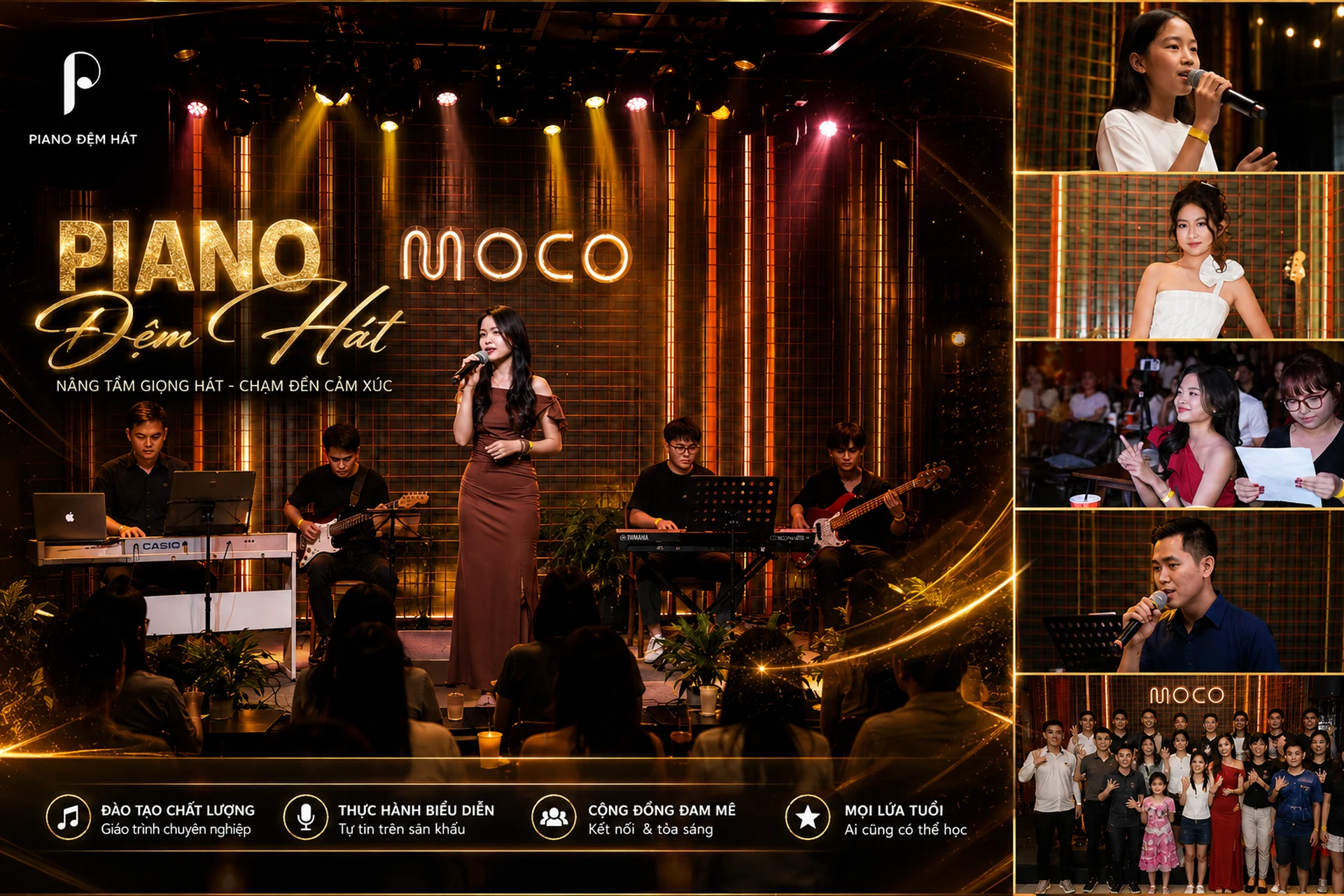 Học viên Piano Đệm Hát biểu diễn cùng band nhạc trên sân khấu phòng trà MOCO